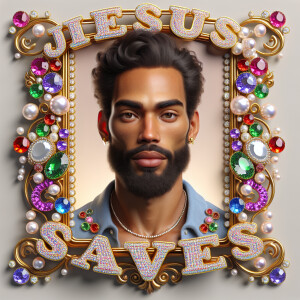 A 3D realistic artwork featuring the phrase 'Jesus Saves' adorne...
