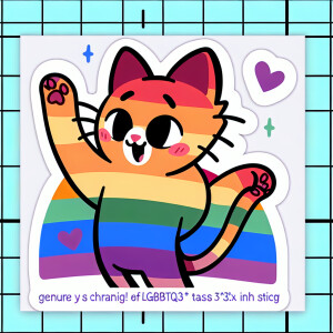 Design a 3x3-inch sticker featuring a cartoon cat celebrating LG...