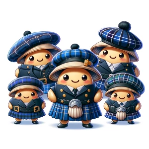 A group of cute clams, each wearing a matching dark blue Scottis...