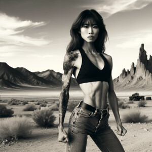 Thin Asian teen girl wearing tight jeans and a halter top Long brown hair and bangs, tattoos on her arms, athletic heroic pose