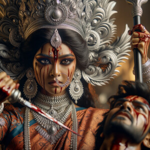 portrait of angry looking, gorgeous goddess durga cosplayer carrying a weak mahishasur in her two arms and stabbing him with her amazingly designed trident. She is wearing a huge silver crown, red saree, abundant silver jewelry, covered in blood. The scene is set in ancient India. The image is 8K resolution, cinematic, ultra detailed face and epic.