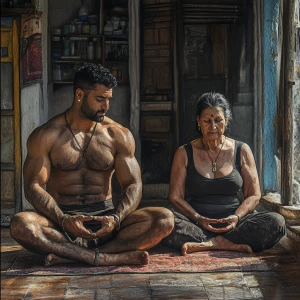 Photorealism,fantasy,A man muscular beefy sweaty doinga yoga sit...