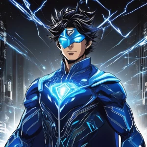 A powerful superhero character in a futuristic outfit, wearing a...