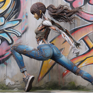 Athletic Thin skinny Attractive, Asian teenage girl, long brown hair and bangs, wearing tight skinny jeans and a halter top paint marks on her clothing, heroic pose Asian graffiti background, backside view