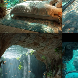 128K ultra photorealistic luxury underwater resort suite, panora...