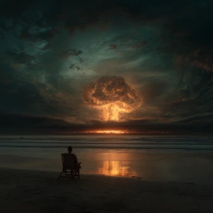 A solitary figure sits in a wooden beach chair on a quiet, darke...