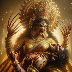 portrait of angry looking goddess durga sitting on a gold crown...