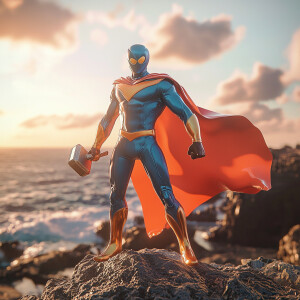 Design a realistic 3D-rendered anime scene featuring a heroic ch...