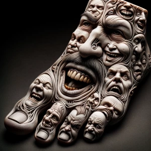 multiplied facial expresssions - sneer, laugh, anger, in amalgam...
