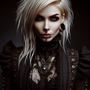 A Blonde haired Gothic Woman with piercings and Gothic tattoos