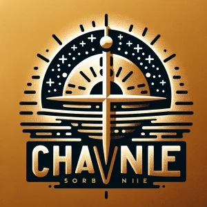 A minimalist cross merging into a rising sun or compass needle,...