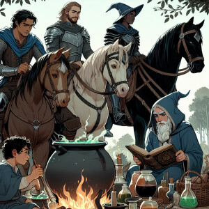 2 men ride on horses, three witches in front of them