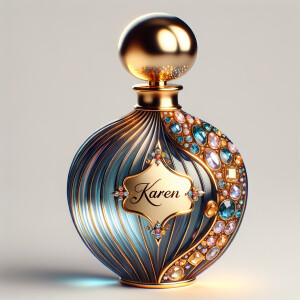 Create a 3-D realistic blue and gold, colorful jewels perfume b...