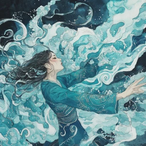 Create a detailed watercolor-style illustration of a woman relea...