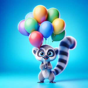 Lemour with balloons on blue background, like Pixar character,...