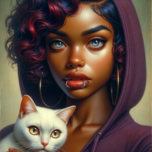 Create a hyper realistic oil painting of a African American , gl...
