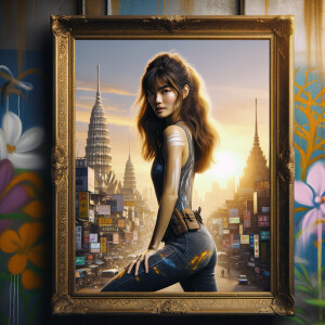 Athletic Thin skinny Attractive, Asian teenage girl, long brown hair and bangs, wearing tight skinny jeans and a halter top paint marks on her clothing, heroic pose Asian graffiti background,  backside view