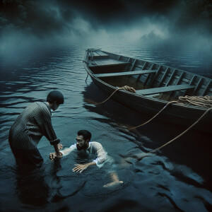 A guy and a girl in the lake. Nearby, the boat is filling with w...