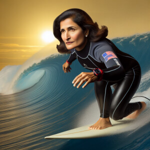 Kamala Harris surfing a huge blue wave