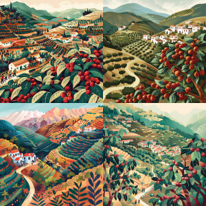 Illustrate the journey of Yemeni coffee from farm to cup. Show v...