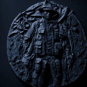 Design a high-contrast grayscale 3d bas relief of a marine soldier, The composition should be circular like a coin emblem, designed for CNC routing with balanced lighting to accentuate fine details, sharp edges, and distinct textures. Employ deep shadows and strong highlights to define planes and surfaces clearly.