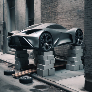 A 2020 camero sitting up on cinderblocks in an alley, the tires...