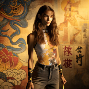 Athletic Thin skinny Attractive, Asian teenage girl, long brown hair and bangs, wearing tight skinny jeans and a halter top paint marks on her clothing, heroic pose Asian graffiti background, side view