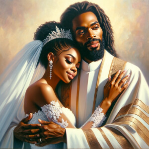 Imagine a hyper-realistic oil painting that captures a tender moment between theAfrican American bride and her God. The setting is intimate and filled with soft, warm lighting that enhances the emotional depth of the scene. The bride, in herexquisite wedding gown, shares a heartfelt embrace with her african-American Lord Jesus , who is dressedin an elegant outfit that complements the wedding's color scheme. Their expressions are full of love, pride, and joy, reflecting the special bond between them. Theattention to detail is paramount, from the intricate designs of their dresses to the subtle emotions conveyed in their facial expressions. The background is a blur ofgentle pastel hues, ensuring that the focus remains on this touching moment. Thispainting should convey the warmth, love, and depth of the relationship, with the rich textures and vibrant strokes characteristic of oil paintings, capturing the essence of this significant pre-wedding moment.