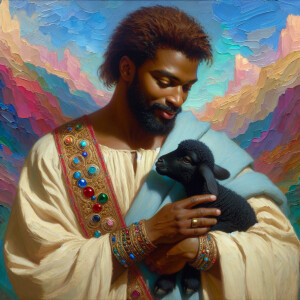 Oil painting of an African-American man resembling Jesus Christ,...