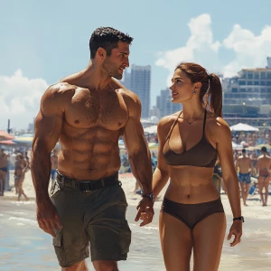 Create a photorealistic image of a muscular, perspiring man walk...