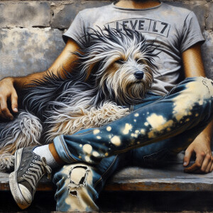 Textured, airbrushed image of a scruffy dog with long windswept...