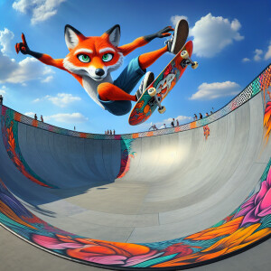 Cartoon fox skateboarding doing a 720 on a 50 foot tall half pip...