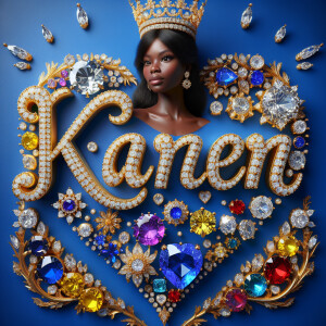 Craft a 3-D image showcasing the name 'KAREN' in a luxurious gol...
