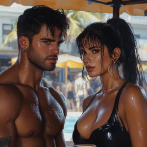 Create a photorealistic image of a muscular, sweaty man conversi...