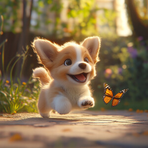 An adorable 3D puppy with floppy ears and a wagging tail, chasin...
