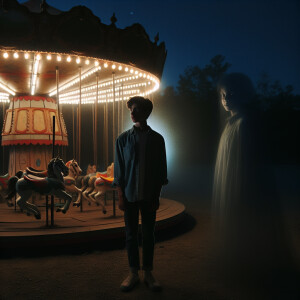 Night. An abandoned carousel. There is a boy standing next to he...