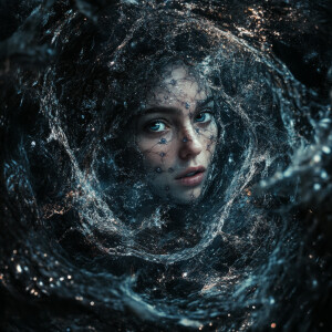 Create an ultra-realistic, direct eye-level portrait of a cosmic...