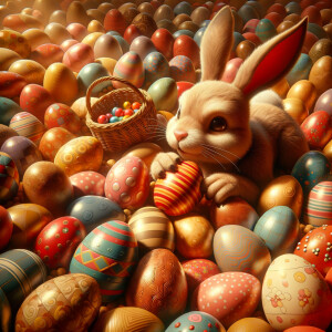 Create some ultra photorealistic images inspiring Easter, include some eggs and bunny , vivid colors, 9:16