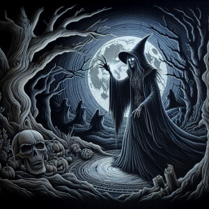 A striking, cinematic illustration of a witch standing beside a...