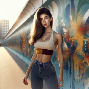 Athletic Thin skinny Attractive, Asian teenage girl, long brown hair and bangs, wearing tight skinny jeans and a halter top paint marks on her clothing, heroic pose Asian graffiti background, side view