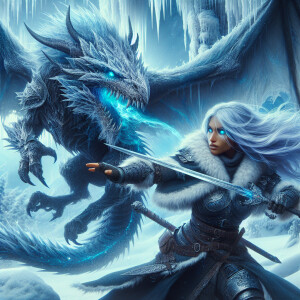 A beautiful huntress from the “Monster Hunter” series with dark...