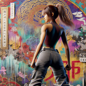 Athletic Thin skinny Attractive, Asian teenage girl, long brown hair and bangs, wearing tight skinny jeans and a halter top paint marks on her clothing, heroic pose Asian graffiti background, backside view