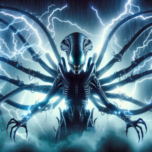 A towering, grotesque alien queen with multiple arms and glowing...