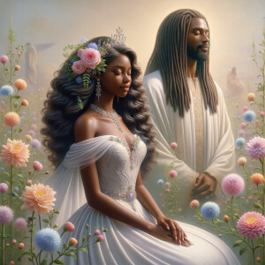 Create a 3-D realistic oil, painting of a beautiful African-American bride. She has long flooring, wavy hair and her gown has beautiful jewels around the neckline. in the background there is a beautiful African-American Jesus Christ with long dreadlocks, and he is smiling. He is very handsome pastel flowers throughout the image.