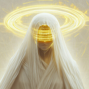 A futuristic figure stands wearing a glowing golden visor that d...