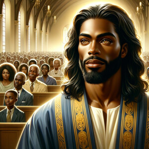 Illustrate an inspiring African-American Jesus crust with a dign...
