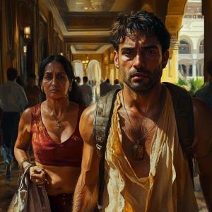 Realism Digital art HD.A sweaty  man walking with his mother in...