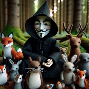 Guy Fawkes character dressed in black hoodie made of of felted m...