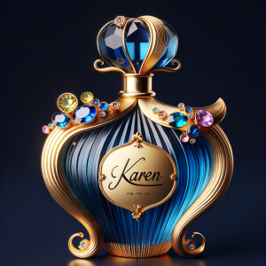 Create a 3-D realistic gold and blue, colorful jewels perfume b...
