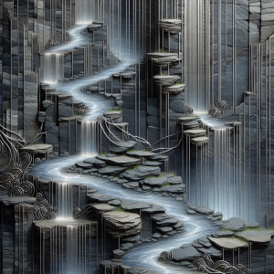 Picture an enchanting scene with cascading waterfalls made of de...